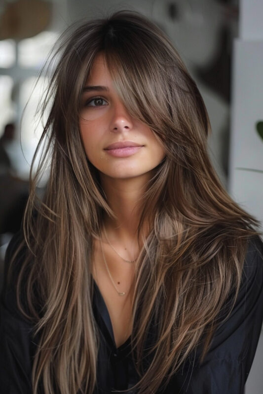 Woman with long chocolate brown hair and bangs.