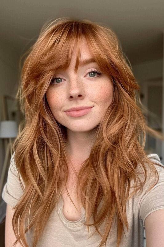 Woman with long copper hair and bangs.