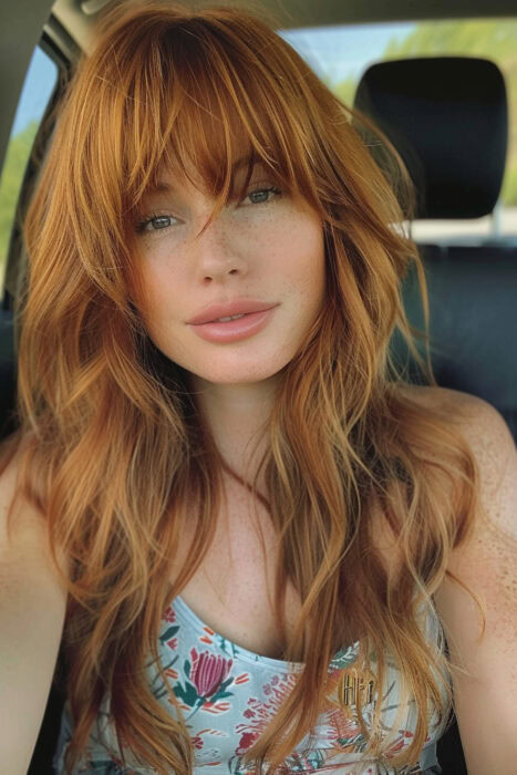 Woman with long copper hair and bangs.