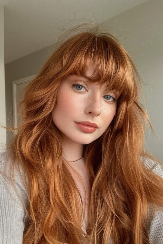 Woman with long copper hair and curtain bangs.