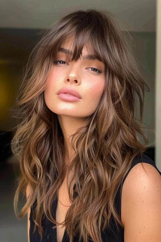 Woman with long light brown hair and curtain bangs.