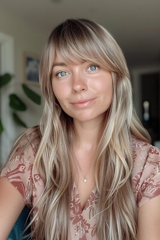 Woman with long dark blonde hair and bangs.