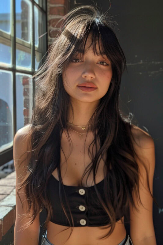 Woman with long dark brown hair and curtain bangs.