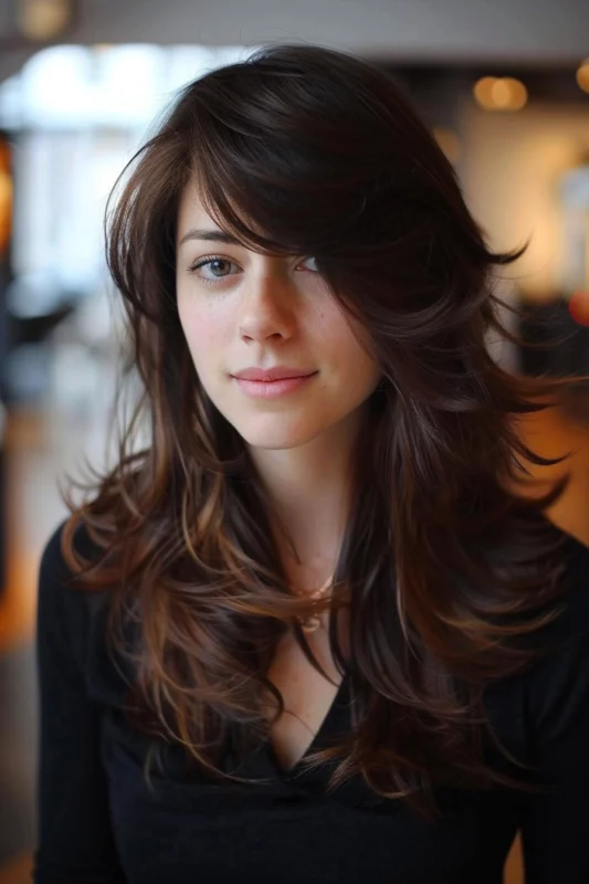 Woman with long dark hair and side bangs.