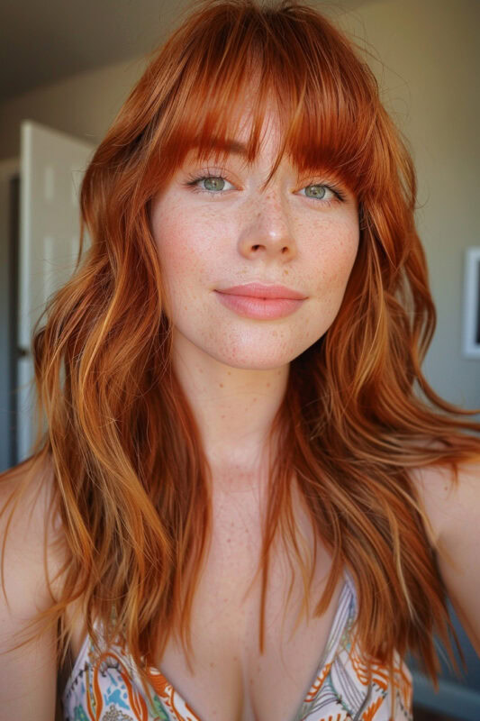 Woman with long ginger hair and bangs.