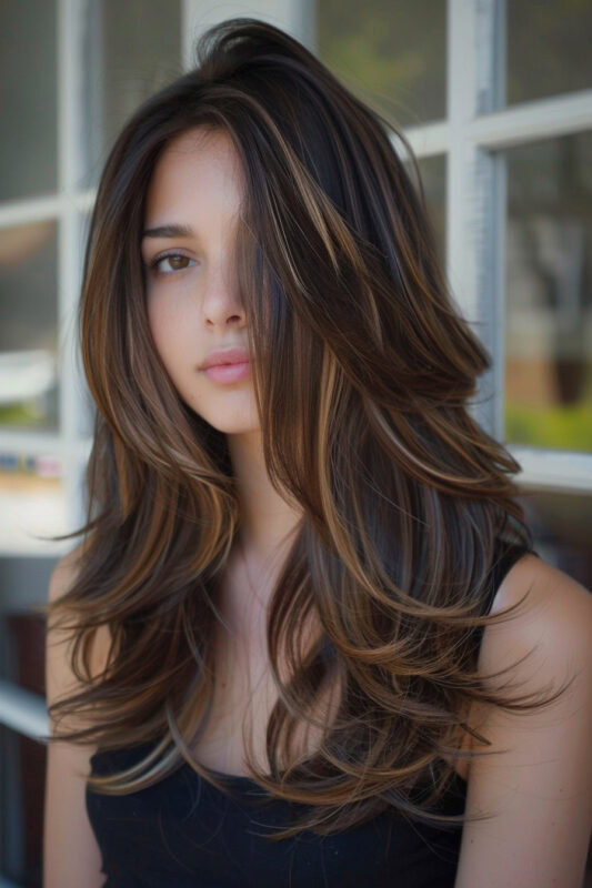 Woman with long layered blonde hair.