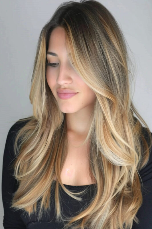 Woman with long layered brown hair.