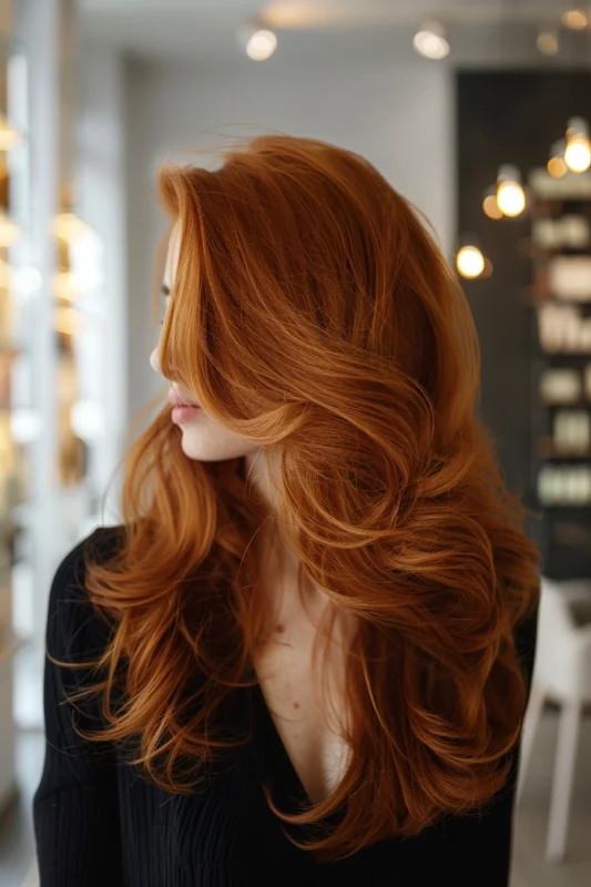 Woman with long curly layered hair.