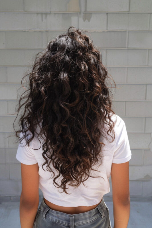 Woman with long layered hair and curtain bangs with highlights.