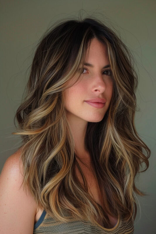 Woman with a long dark blonde layered haircut.