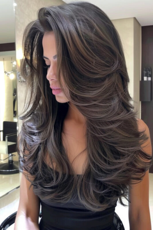 Woman with long dark layered hair.