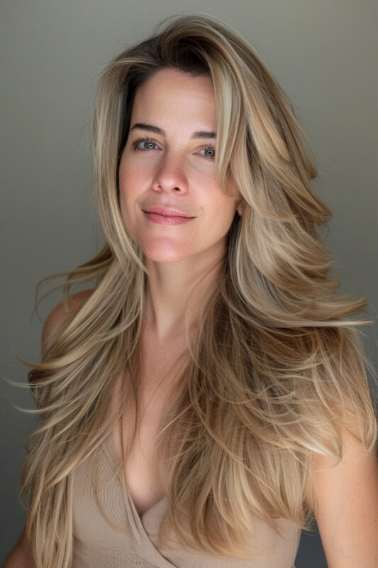 Woman with a long dirty blonde layered haircut.