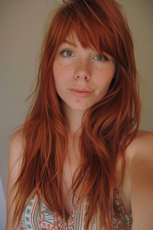 Woman with a long ginger layered haircut.