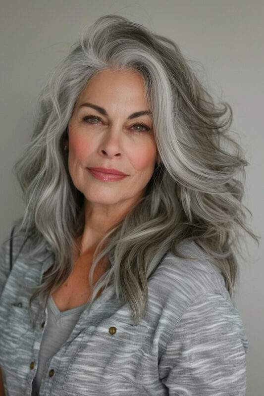 Woman with long gray layered hair.