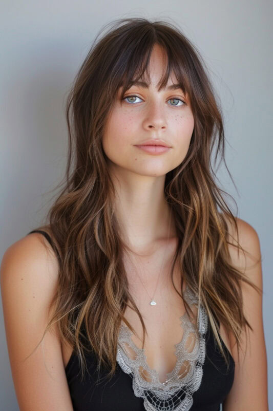 Woman with a long light brown layered haircut.