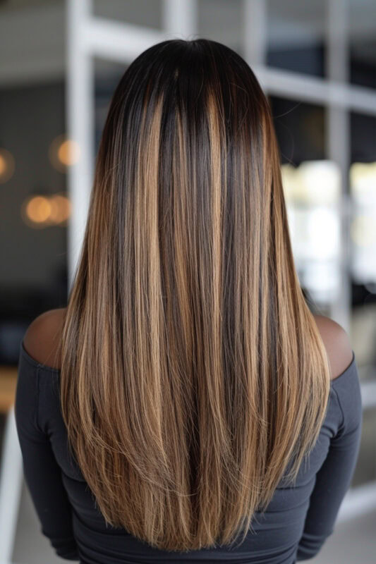 Woman with long straight layered hair.