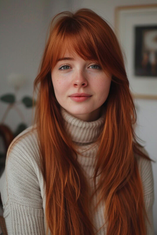 Woman with long straight red layered hair.