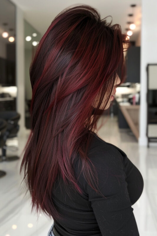 Woman with a long layered haircut with red highlights.