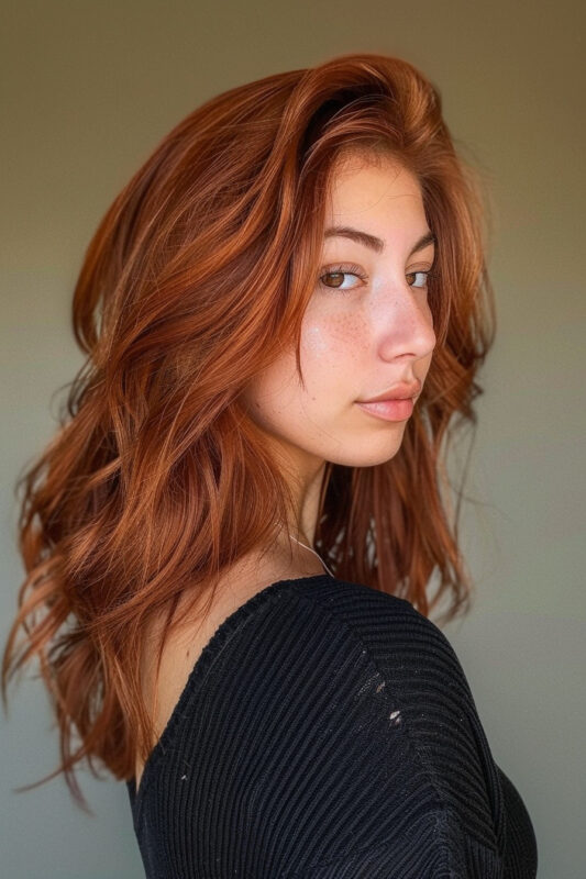 Woman with long layered red hair.