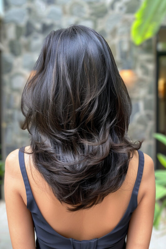 Woman with a long rounded layered haircut.