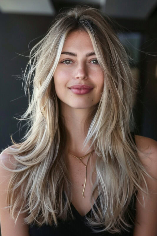 Woman with long textured layered hair.