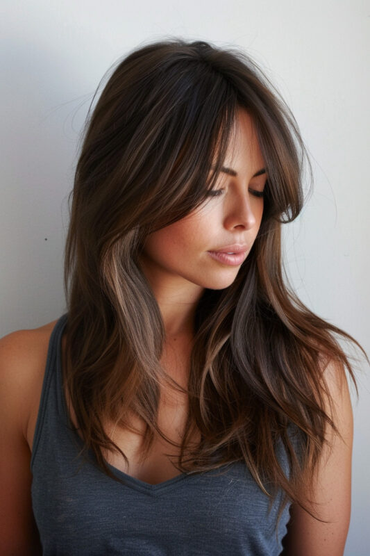 Woman with a long layered haircut and long bangs.