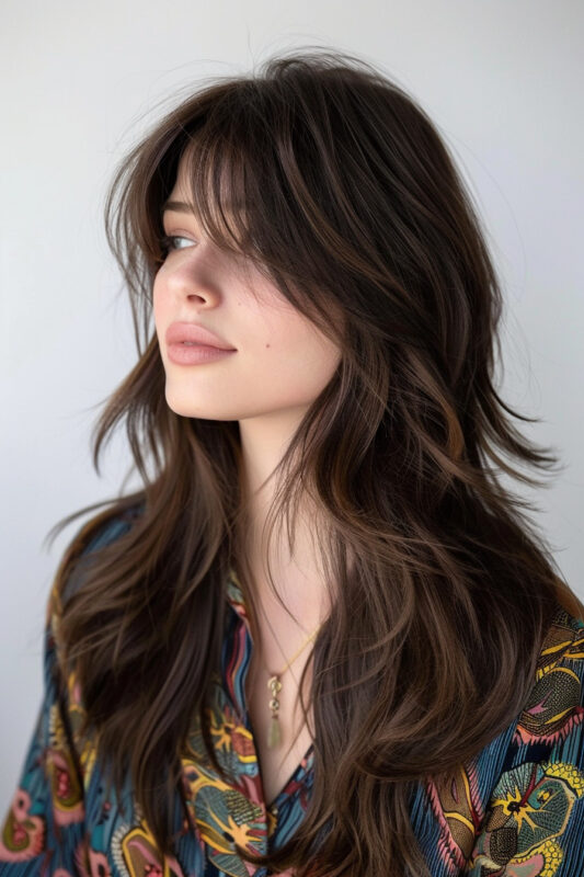 Woman with a long layered haircut and side bangs.