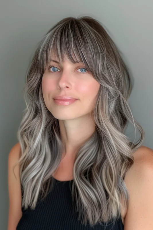 Woman with long layered silvery hair and bangs.