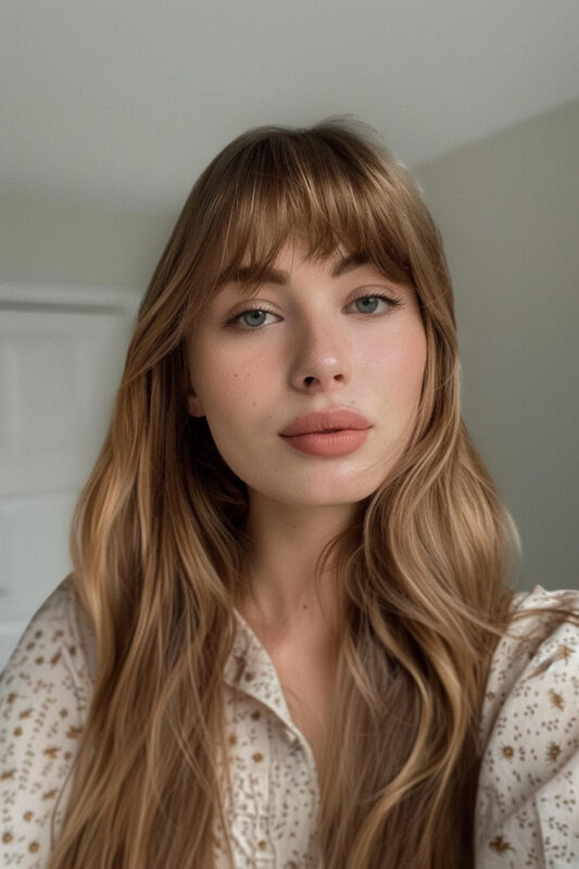 Woman with long light brown hair and curtain bangs.