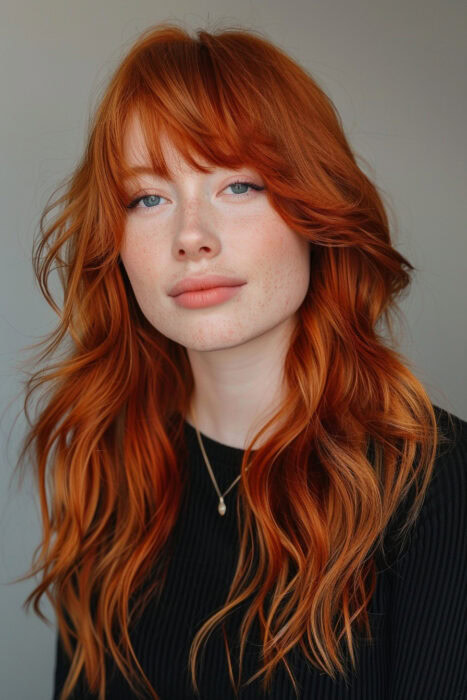 Woman with long red hair and bangs.