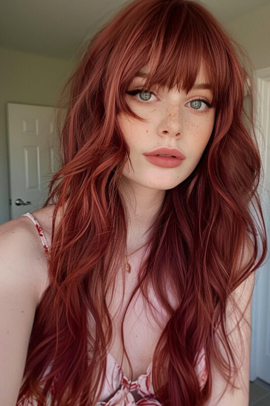 Woman with long red hair and curtain bangs.