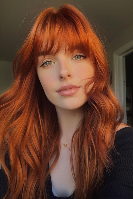 Woman with long red hair and curtain bangs.