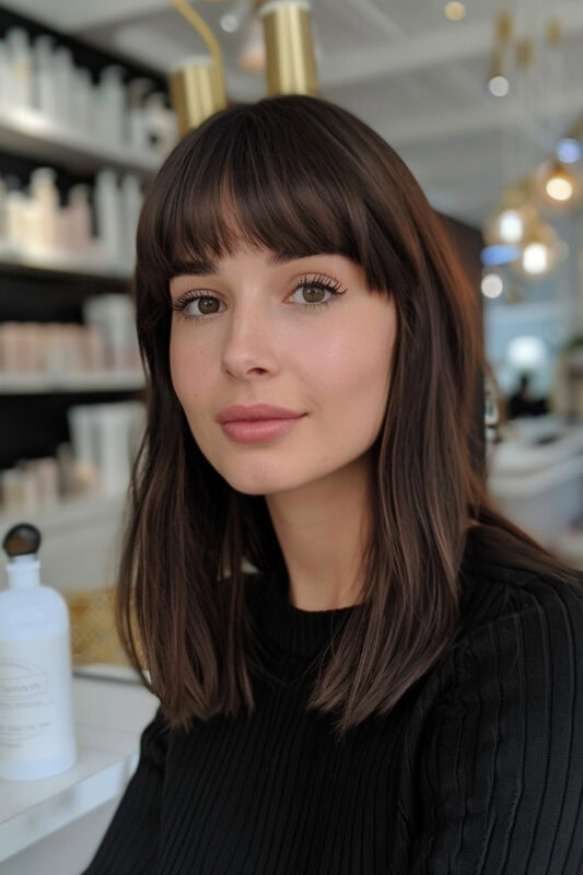 Woman with long straight brown hair and bangs.