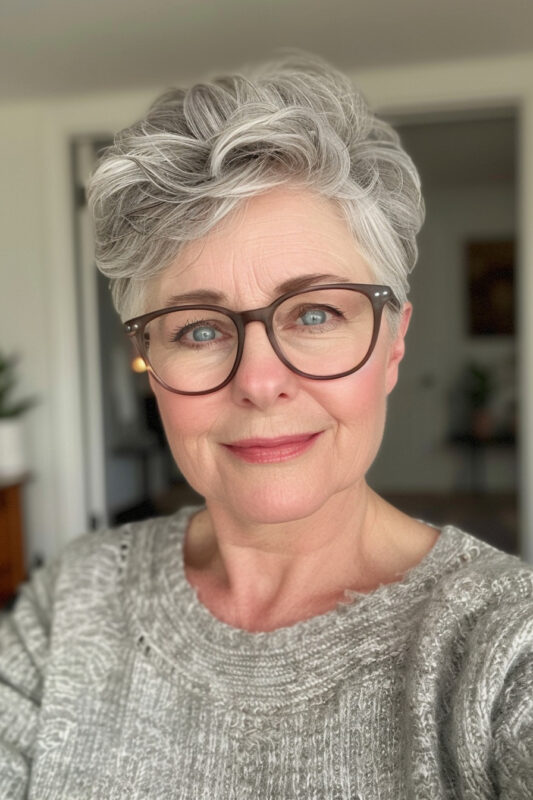 Woman with messy, short haircut for older women.