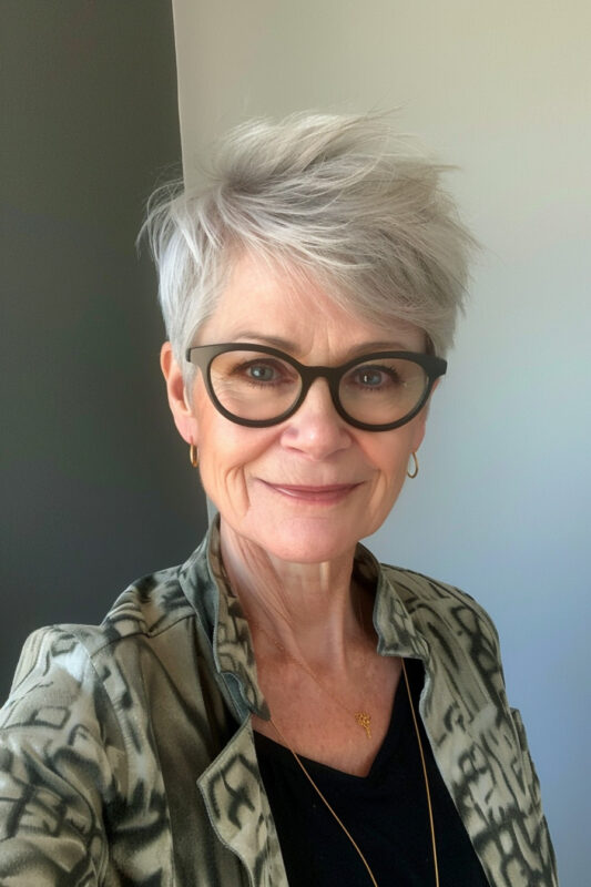 Woman with a messy, short pixie haircut.