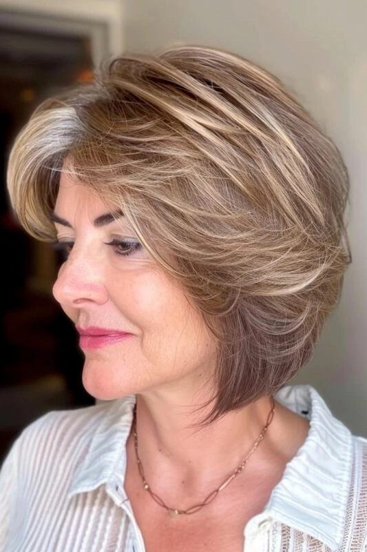 Mujer con cabello corto, desordenado y flequillo.