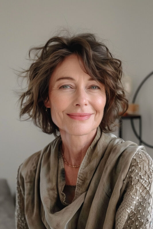 Woman with messy, wavy short hair.