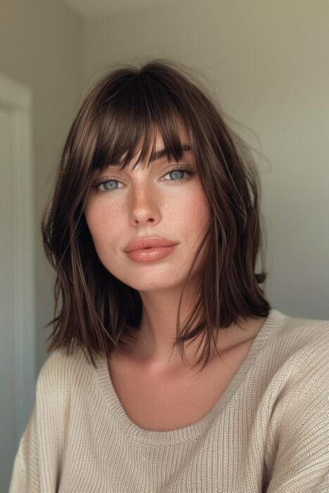 Woman with mid-length brunette hair and bangs.