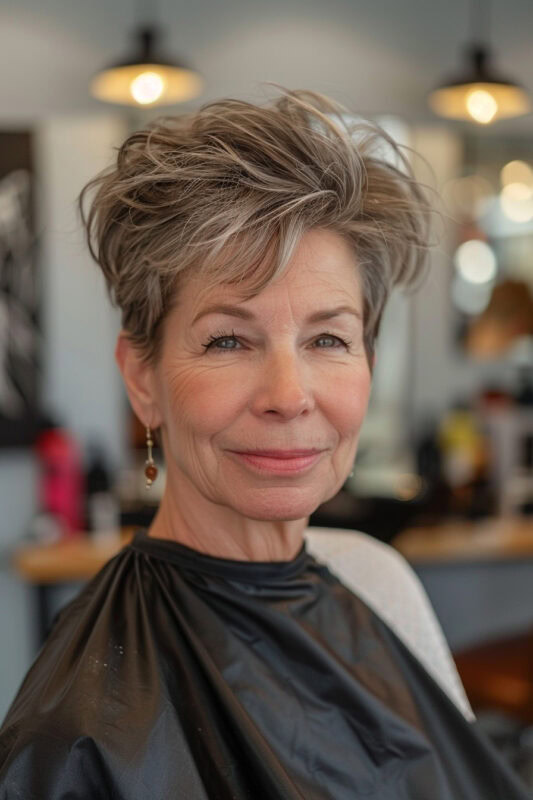 Woman with a pixie haircut, long on top and short on the sides.