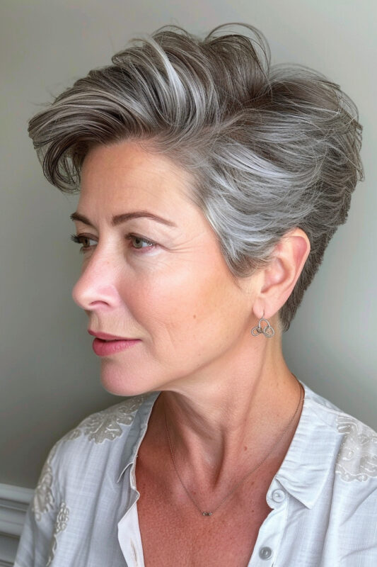 Woman with a pixie cut and a side part.