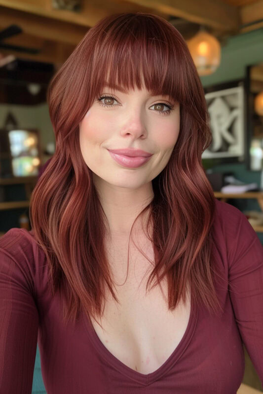 Woman with long red hair and bangs.