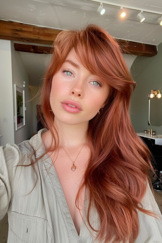 Woman with long rose copper hair and bangs.