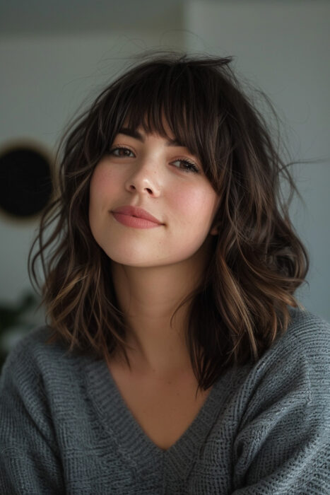 Woman with a shaggy long bob and bangs.