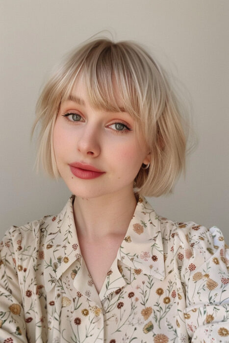 Woman with short blonde hair and bangs.