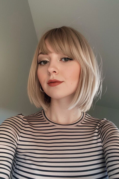 Woman with a short blonde bob and bangs.