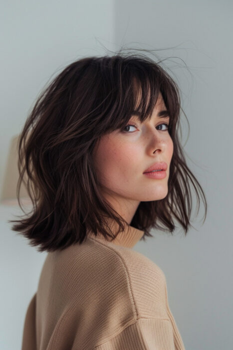 Woman with short brown hair and wispy bangs.