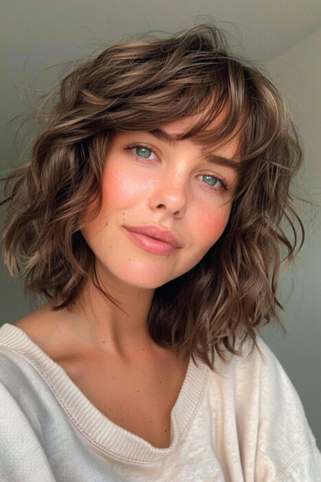 Woman with short brown wavy hair and bangs.