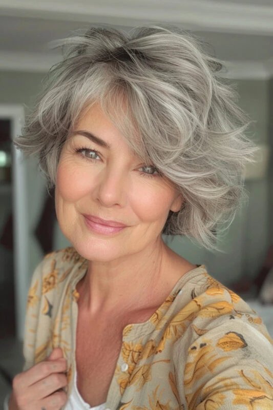 Mujer con cabello corto y entrecortado.