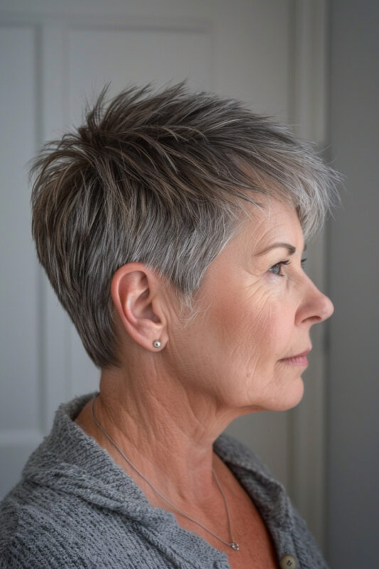 Woman with short, cropped hair.