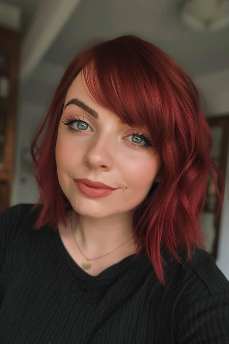 Woman with short dark red hair and bangs.